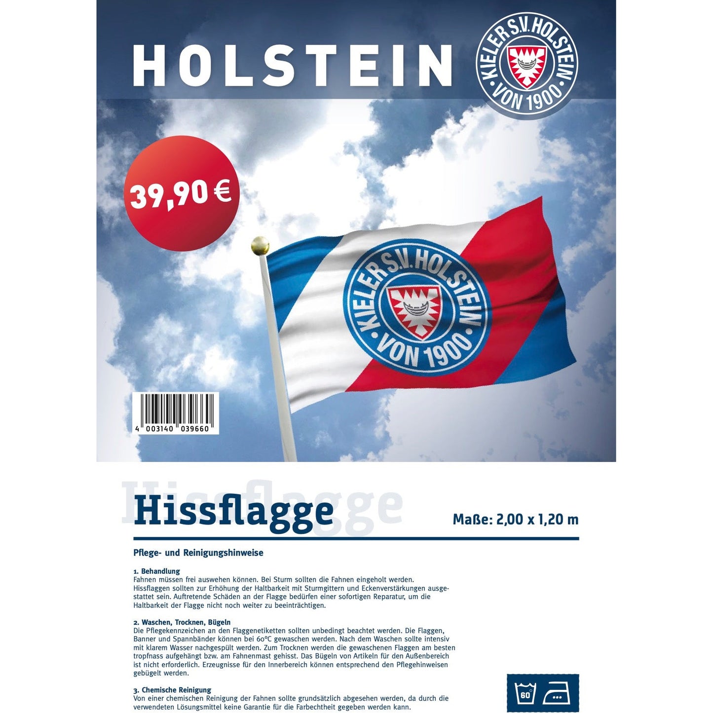Holstein Kiel Hissflagge 2m x1,20m streifen